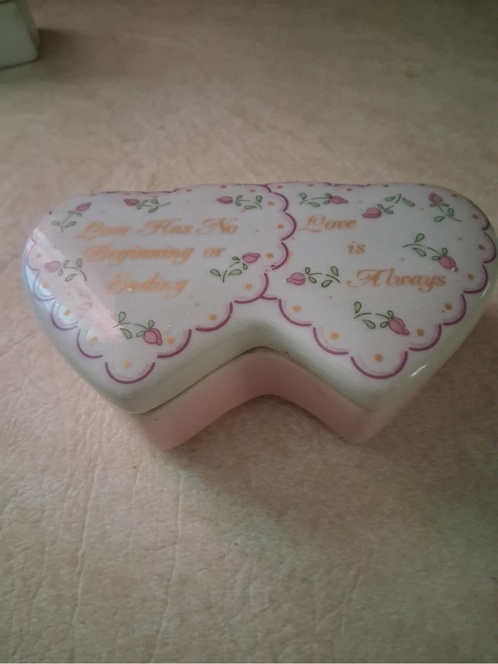 Heart-Shaped Pink Porcelain Trinket Box with Floral Accent